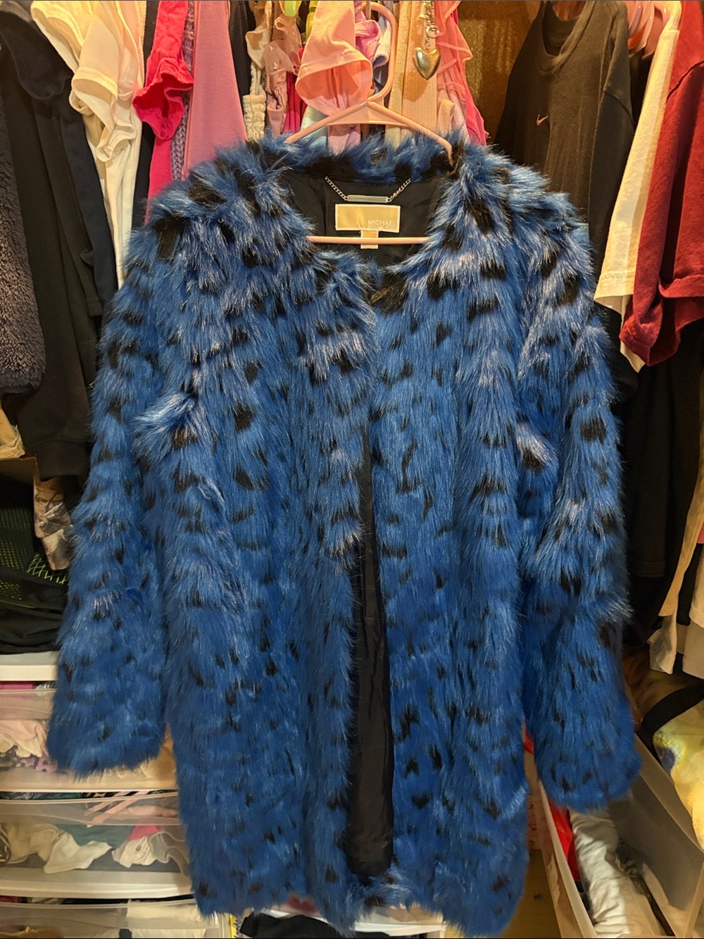 Michael Kors Blue Faux-Fur Leopard-Print Teddy Jacket
